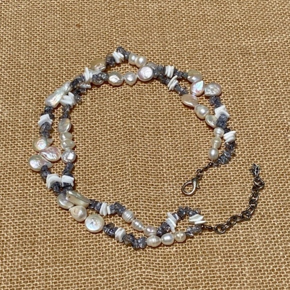 Necklace Pearl Freshwater Authentic double stranded and grey stone necklace. SS - Picture 2 of 10